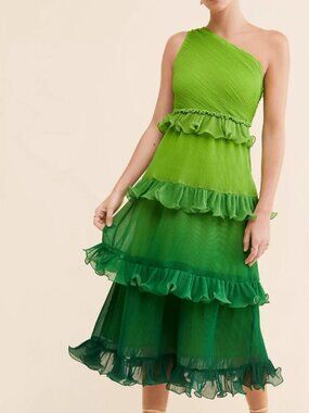 Vineet Bahl Tiered Green Ombre Midi Dress Size L